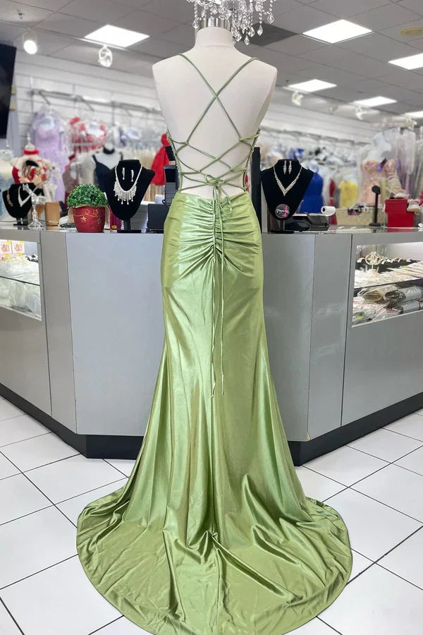 Elegant Hot Mermaid Spaghetti Straps Green Long Prom Dress with Cross Back Prom Dresses DP267