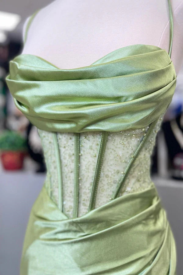 Elegant Hot Mermaid Spaghetti Straps Green Long Prom Dress with Cross Back Prom Dresses DP267
