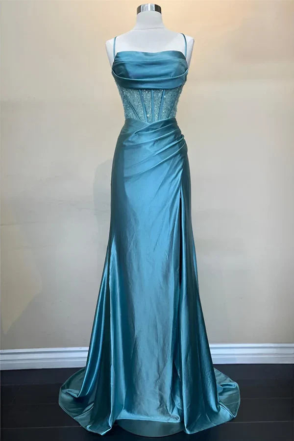 Elegant Hot Mermaid Spaghetti Straps Green Long Prom Dress with Cross Back Prom Dresses DP267