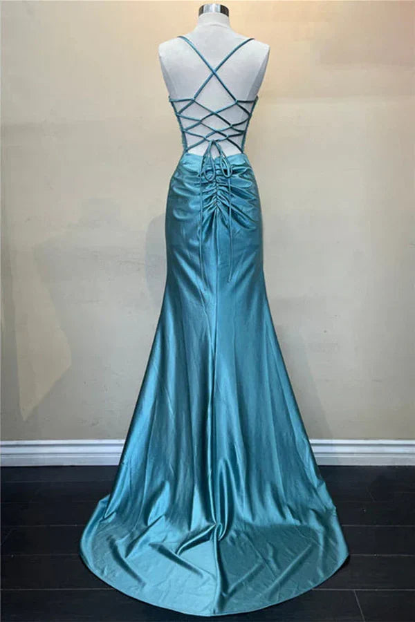 Elegant Hot Mermaid Spaghetti Straps Green Long Prom Dress with Cross Back Prom Dresses DP267
