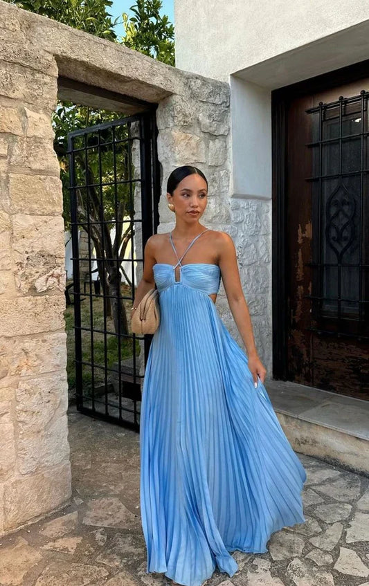 Modest A line Halter Blue Sleeveless Blue Prom Dresses Birthday Outfits Party Dress Formal Dress DP269
