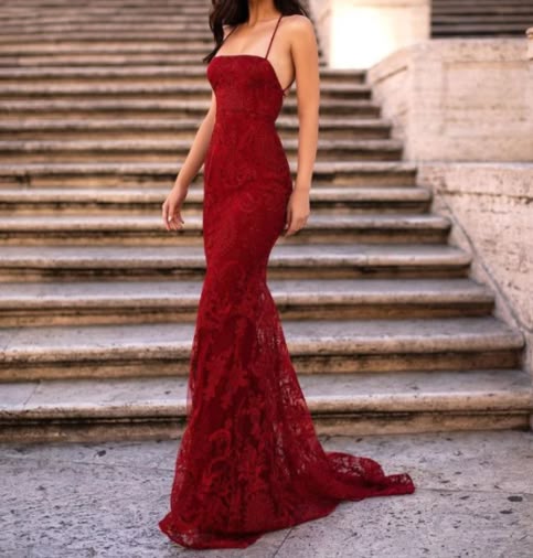 Stunning Mermaid Spaghetti Straps Dark Red Lace Long Prom Dress Evening Dresses DP271