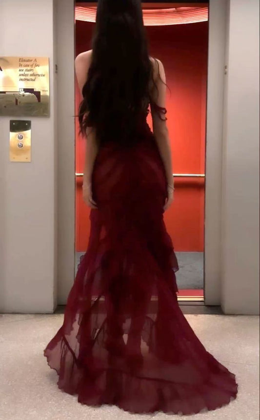 Sexy Burgundy Ruffles Chiffon Slit Prom Dress Mermaid Evening Dress Charming Party Dress DP273