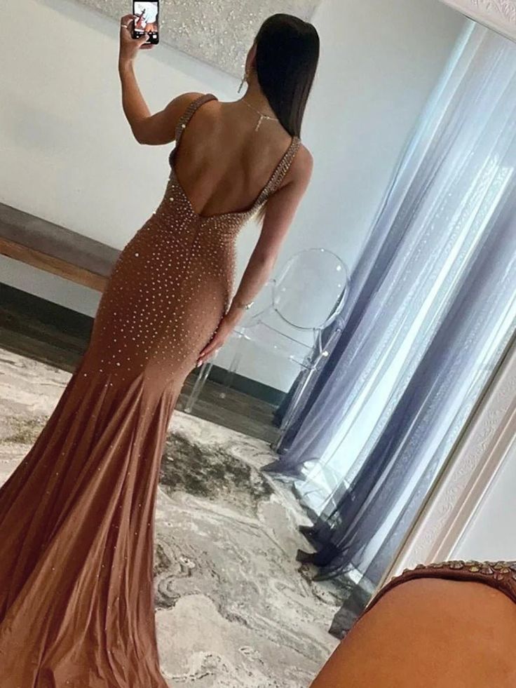 Pretty Mermaid Deep V-Neck Beaded Satin Long Prom Dresses DP280