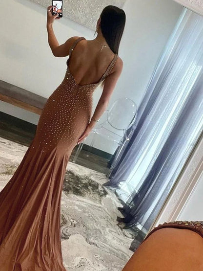 Pretty Mermaid Deep V-Neck Beaded Satin Long Prom Dresses DP280