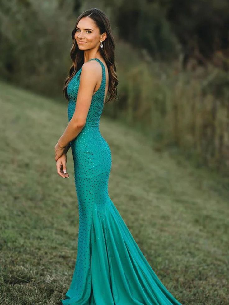 Pretty Mermaid Deep V-Neck Beaded Satin Long Prom Dresses DP280