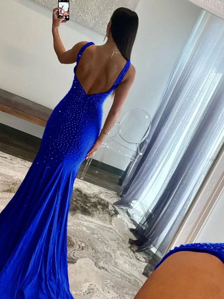 Pretty Mermaid Deep V-Neck Beaded Satin Black Long Prom Dresses DP281