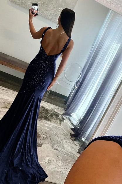 Pretty Mermaid Deep V-Neck Beaded Satin Black Long Prom Dresses DP281