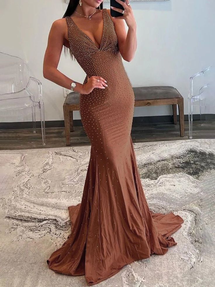 Pretty Mermaid Deep V-Neck Beaded Satin Black Long Prom Dresses DP281