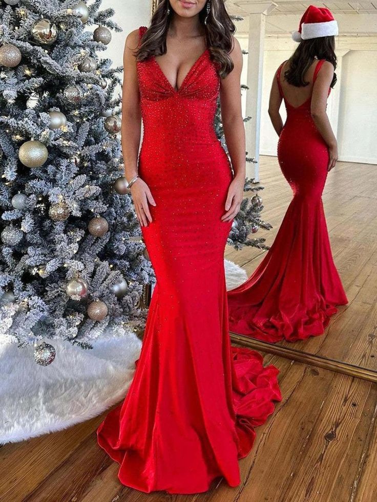 Pretty Mermaid Deep V-Neck Beaded Satin Black Long Prom Dresses DP281