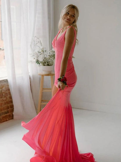 Pretty Mermaid Deep V-Neck Beaded Satin Black Long Prom Dresses DP281