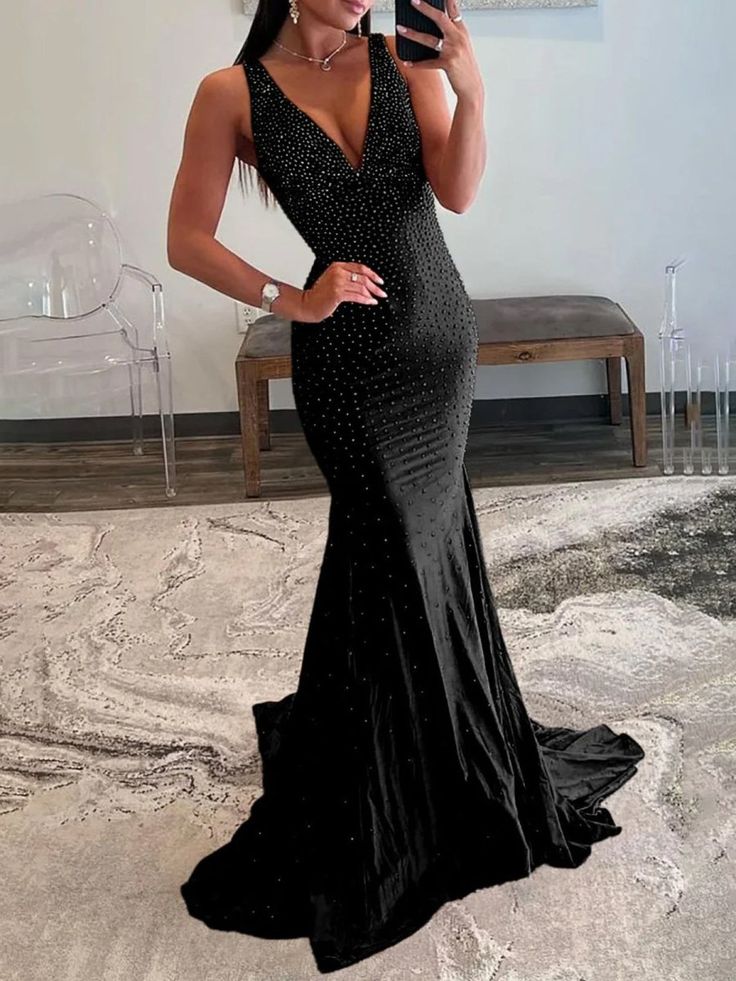 Pretty Mermaid Deep V-Neck Beaded Satin Black Long Prom Dresses DP281