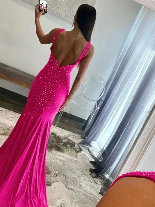 Pretty Mermaid Deep V-Neck Beaded Satin Black Long Prom Dresses DP281