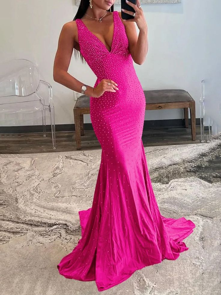 Pretty Mermaid Deep V-Neck Beaded Satin Black Long Prom Dresses DP281