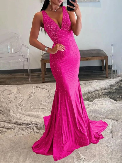 Pretty Mermaid Deep V-Neck Beaded Satin Black Long Prom Dresses DP281