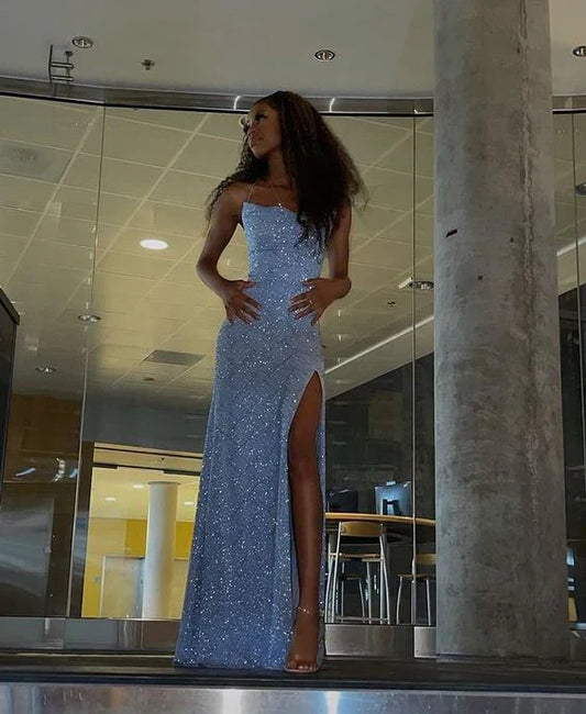 Sparkly Blue Sequins Sheath Evening Party Dress with High Slit Long Prom Dress Formal Dress DP288