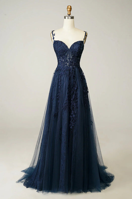 Sexy A Line Spaghetti Straps Navy Prom Dress with Appliques Formal Dress DP290