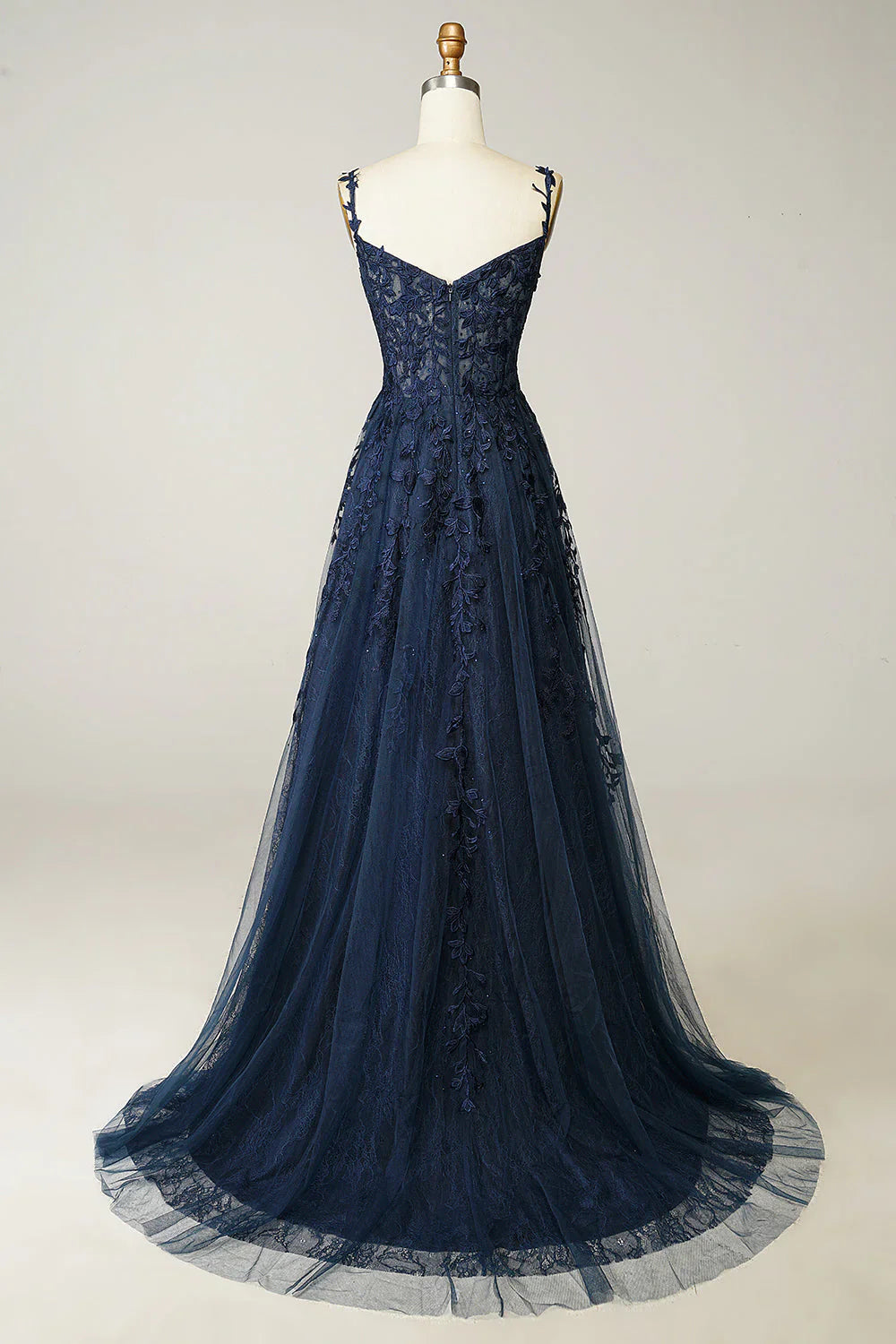 Sexy A Line Spaghetti Straps Navy Prom Dress with Appliques Formal Dress DP290