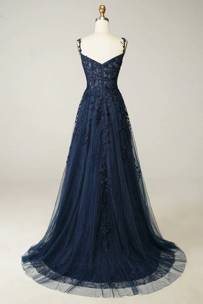 Sexy A Line Spaghetti Straps Navy Prom Dress with Appliques Formal Dress DP290