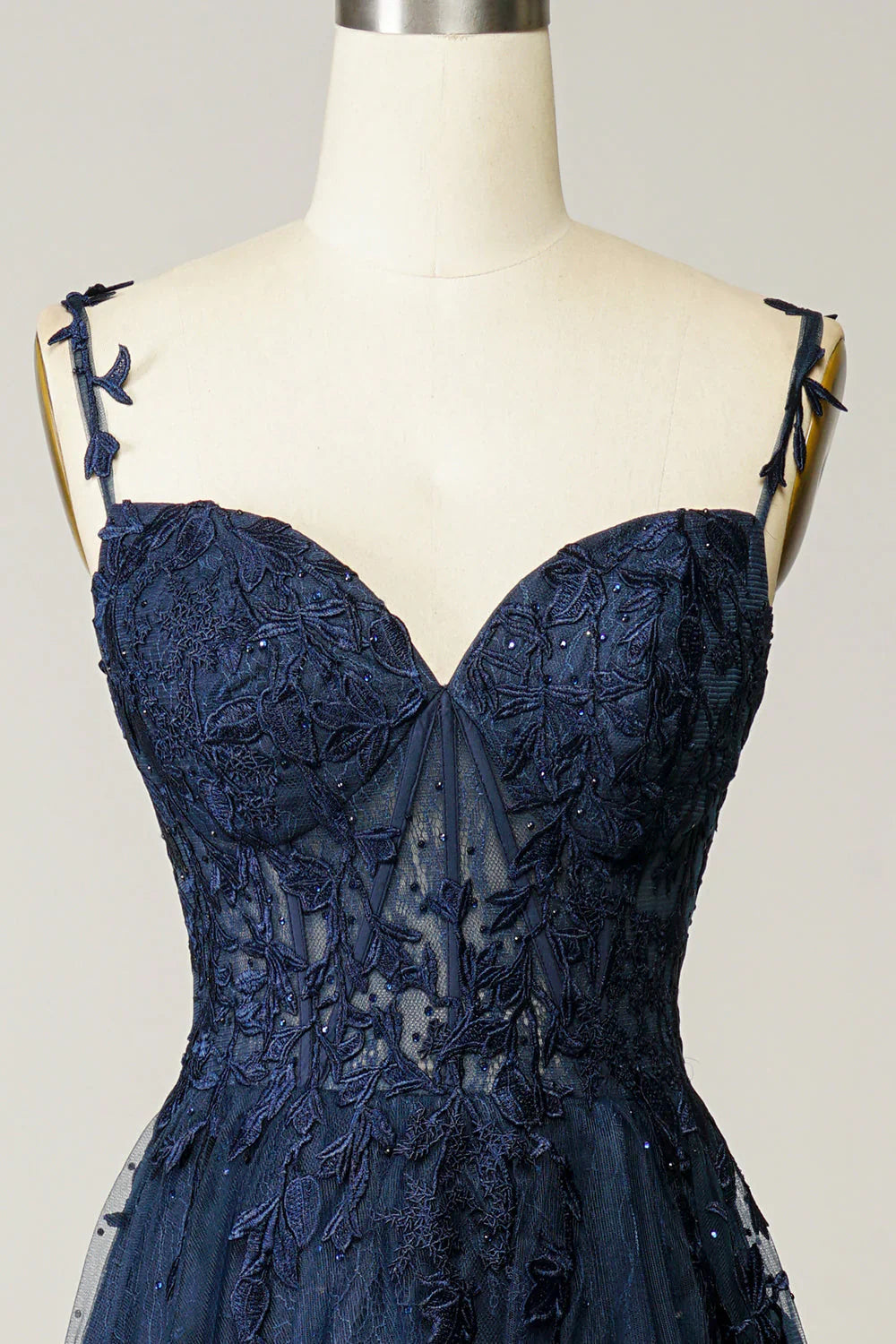 Sexy A Line Spaghetti Straps Navy Prom Dress with Appliques Formal Dress DP290
