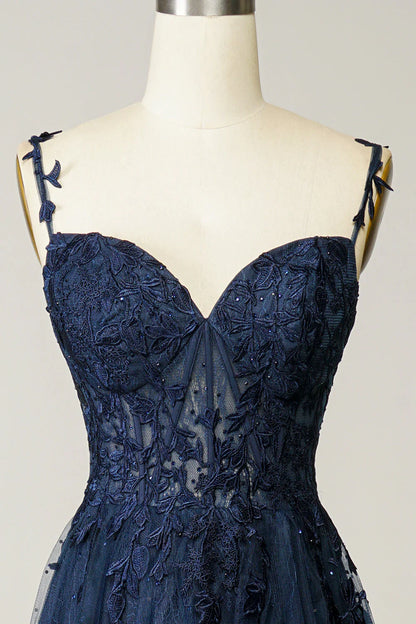 Sexy A Line Spaghetti Straps Navy Prom Dress with Appliques Formal Dress DP290