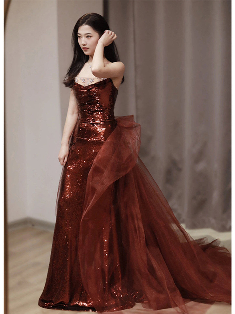 Burgundy Mermaid Sequins Tulle Strapless Prom Dress Evening Dresses DP298