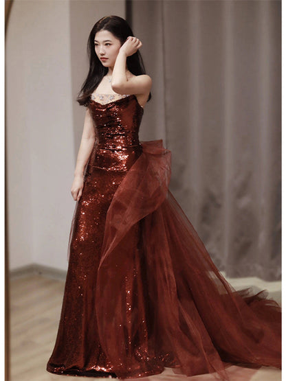 Burgundy Mermaid Sequins Tulle Strapless Prom Dress Evening Dresses DP298