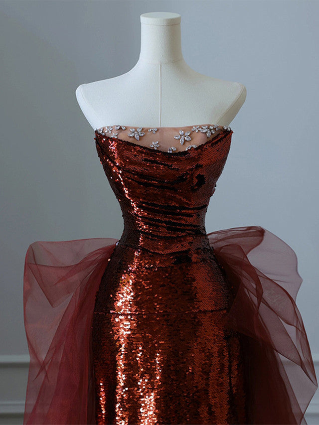 Burgundy Mermaid Sequins Tulle Strapless Prom Dress Evening Dresses DP298
