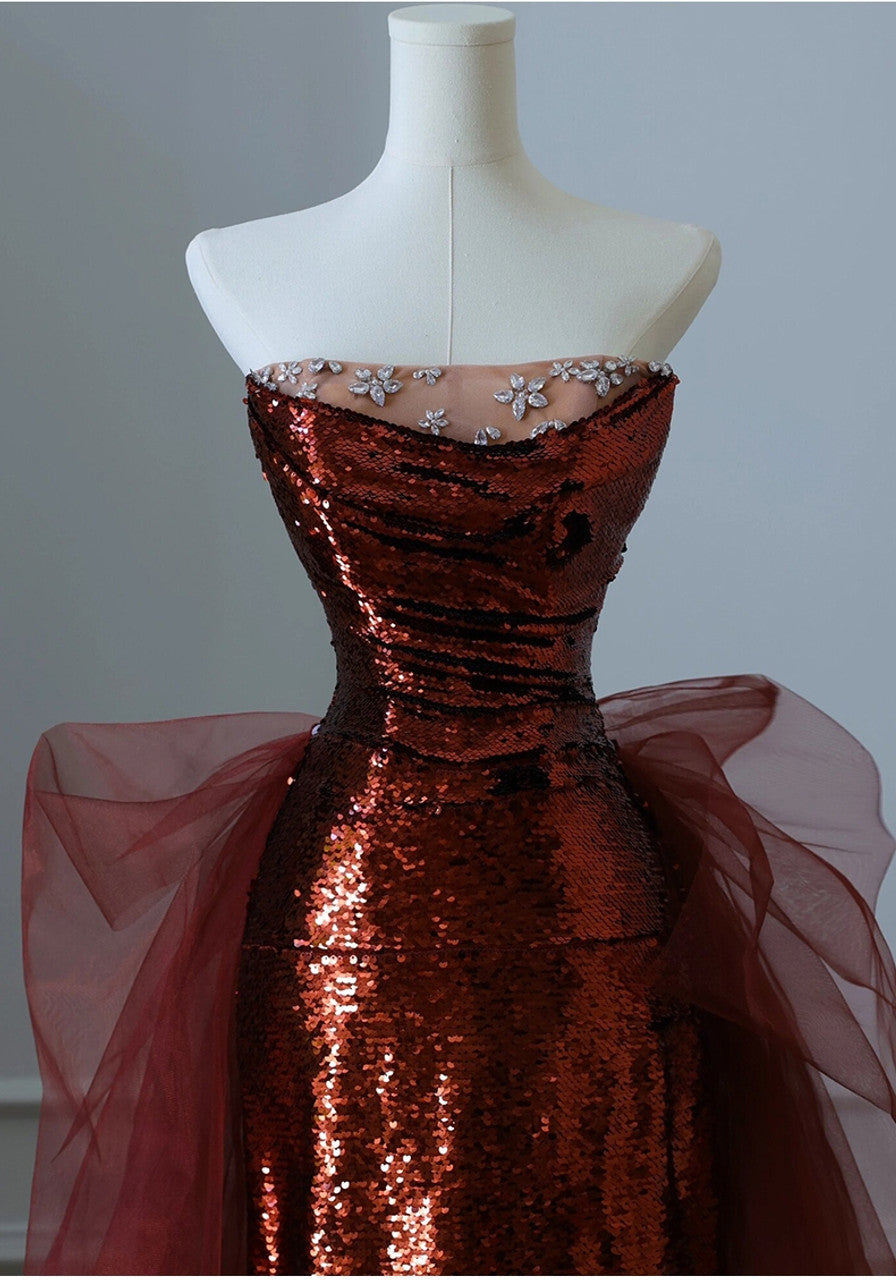 Burgundy Mermaid Sequins Tulle Strapless Prom Dress Evening Dresses DP298
