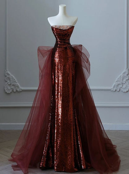 Burgundy Mermaid Sequins Tulle Strapless Prom Dress Evening Dresses DP298