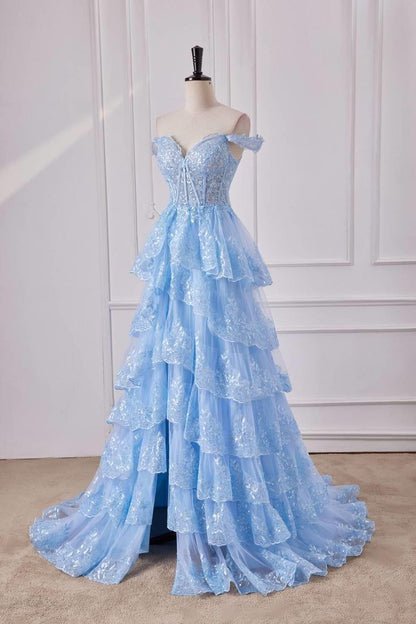 Off the Shoulder Light Blue Ruffles Prom Dress Party Gown Evening Dresses DP299