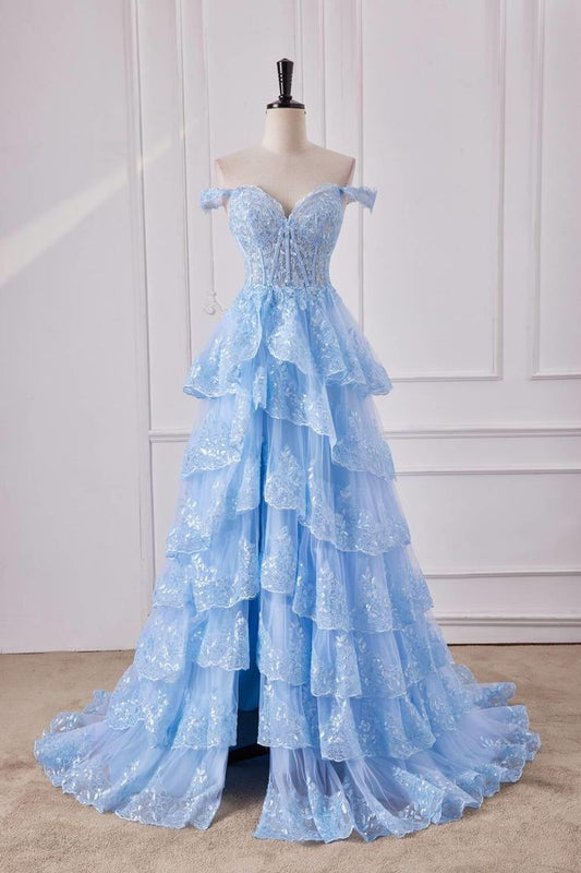 Off the Shoulder Light Blue Ruffles Prom Dress Party Gown Evening Dresses DP299