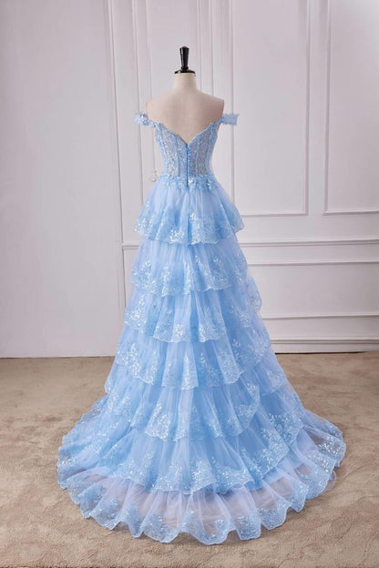 Off the Shoulder Light Blue Ruffles Prom Dress Party Gown Evening Dresses DP299