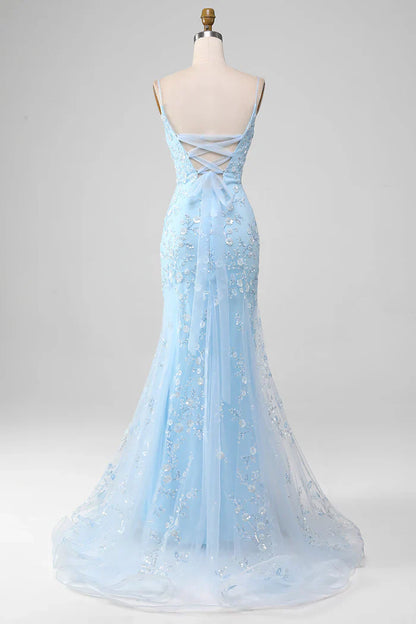Mermaid Blush Spaghetti Straps Prom Dress With Appliques Evening Dresses DP300