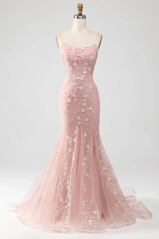 Mermaid Blush Spaghetti Straps Prom Dress With Appliques Evening Dresses DP300
