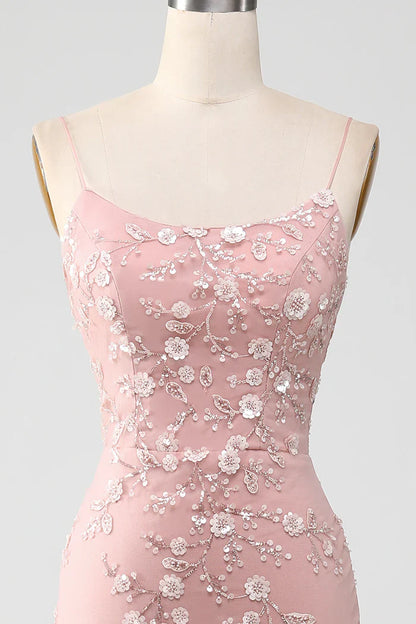 Mermaid Blush Spaghetti Straps Prom Dress With Appliques Evening Dresses DP300