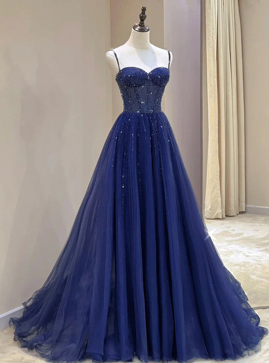 Pretty Navy Blue Spaghetti Straps Tulle Beading Prom Dress Evening Dresses DP303