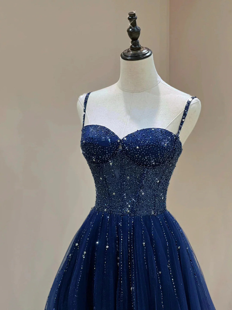 Pretty Navy Blue Spaghetti Straps Tulle Beading Prom Dress Evening Dresses DP303