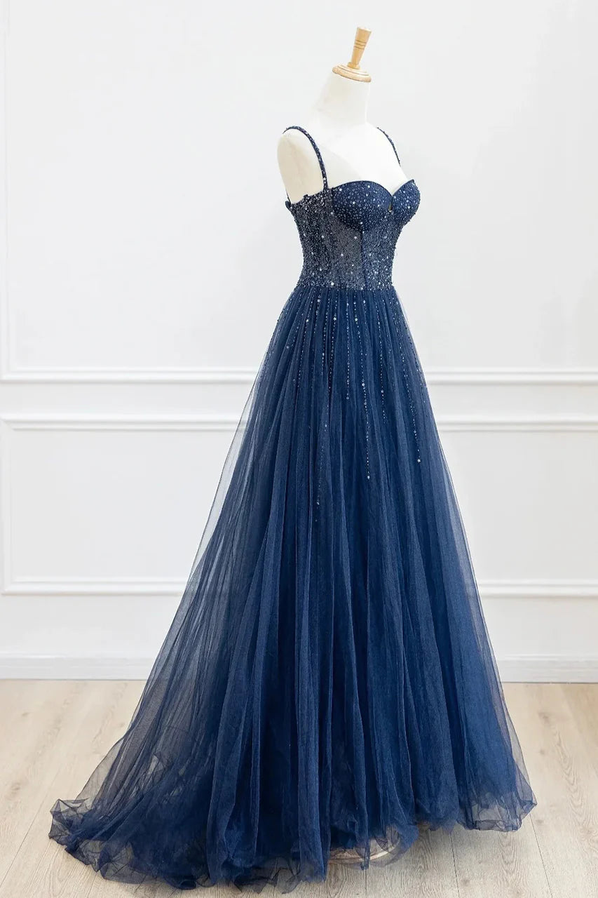 Pretty Navy Blue Spaghetti Straps Tulle Beading Prom Dress Evening Dresses DP303