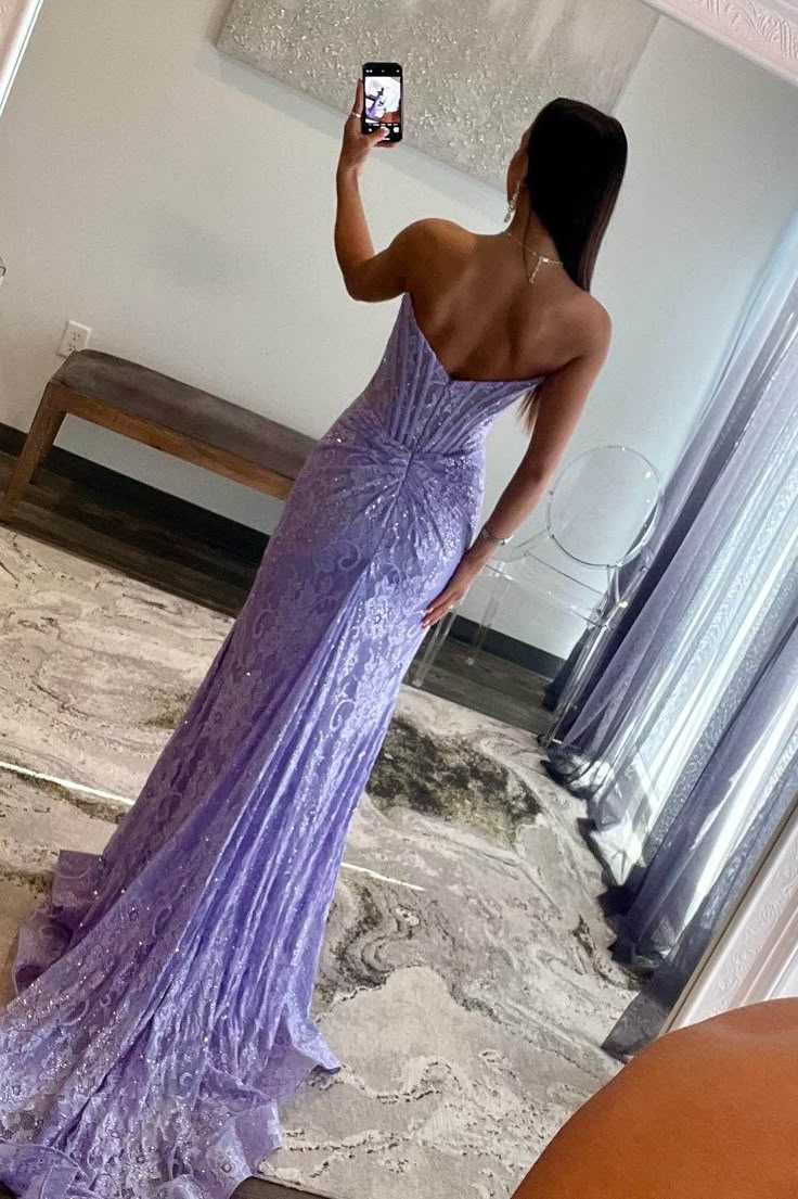 Pretty Long Strapless Lace Mermaid Formal Prom Dress with Slit DP306