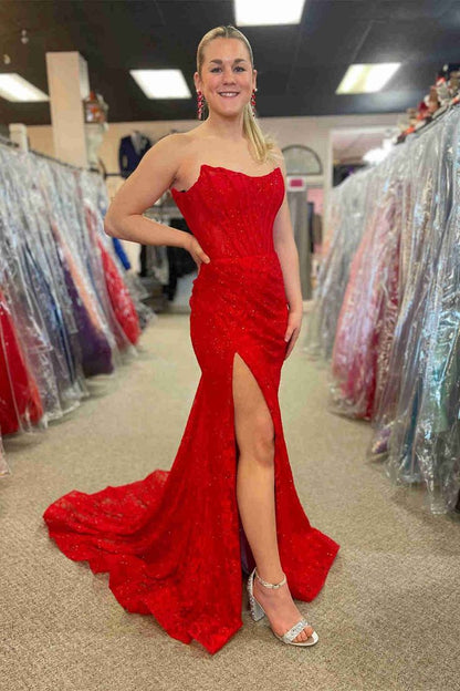 Pretty Long Strapless Lace Mermaid Formal Prom Dress with Slit DP306