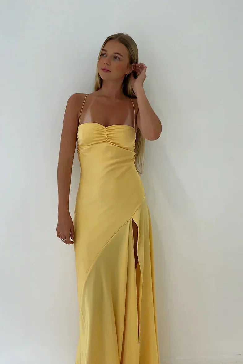 Simple Sheath Spaghetti Straps Prom Dresses Pink Long Party Dress with Split Front DP311