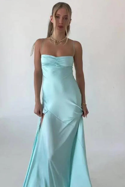 Simple Sheath Spaghetti Straps Prom Dresses Pink Long Party Dress with Split Front DP311