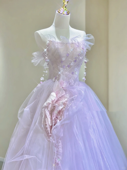 Pretty Ball Gown Strapless Sleeveless Long Pink Tulle Prom Dresses Evening Dresses DP314