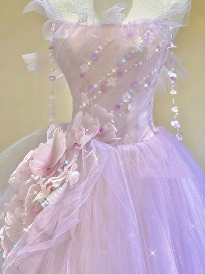 Pretty Ball Gown Strapless Sleeveless Long Pink Tulle Prom Dresses Evening Dresses DP314