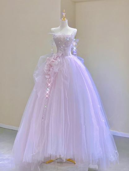 Pretty Ball Gown Strapless Sleeveless Long Pink Tulle Prom Dresses Evening Dresses DP314