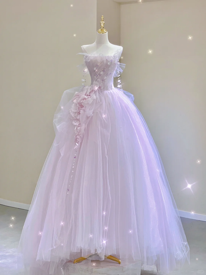 Pretty Ball Gown Strapless Sleeveless Long Pink Tulle Prom Dresses Evening Dresses DP314