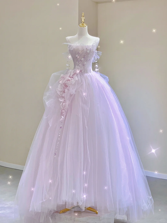 Pretty Ball Gown Strapless Sleeveless Long Pink Tulle Prom Dresses Evening Dresses DP314