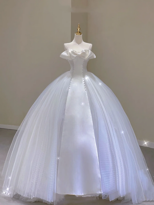 Unique Ball Gown Strapless White Long Satin Wedding Dresses Brides Dress DP317