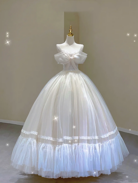 Unique Ball Gown Strapless White Long Satin Wedding Dresses Brides Dress DP318